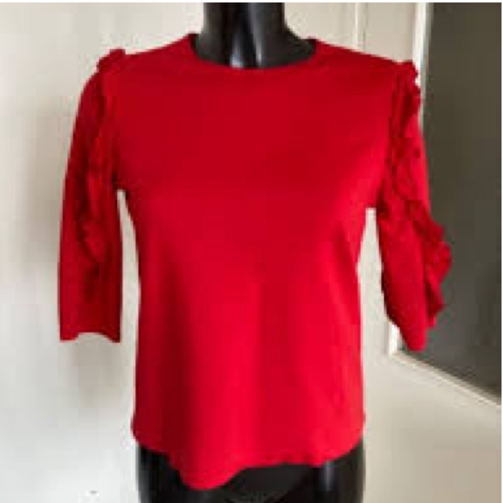 NEW Zara Red Ruffle Shoulder Top 3/4 Sleeve Red Minimalist Size Small - Picture 2 of 7